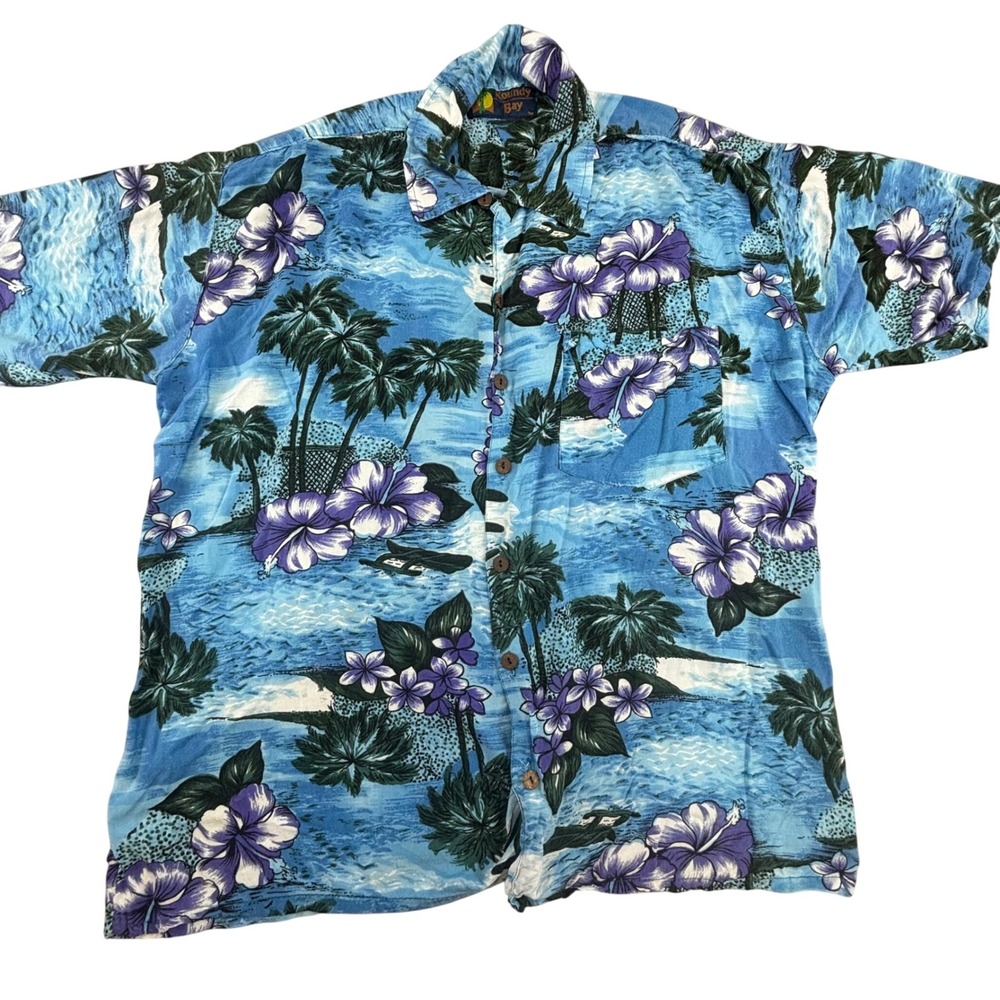 Roundy Bay Tropical Shirt Men's Lg Blue Hibiscus Palm Tree Hawaiian Button Down